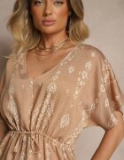h&s Rochie Evazată Bej închis cu Volan cu Imprimeu Boho din Viscoză Tunova
