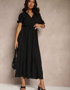 h&s Rochie Neagră cu bumbac Decorată cu decolteu tip plic și curea Grellevia