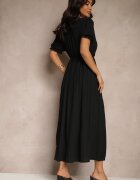 h&s Rochie Neagră cu bumbac Decorată cu decolteu tip plic și curea Grellevia