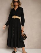 h&s Rochie neagră de vâscoză cu croială tip cămașă cu curea cu cataramă Feluriela