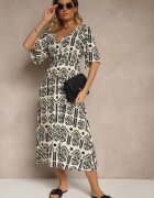 h&s Rochie Negru-Crem Boho Evazată din Viscoză cu Spatele Gol Tuvria