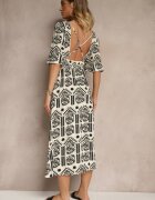 h&s Rochie Negru-Crem Boho Evazată din Viscoză cu Spatele Gol Tuvria