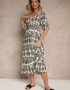 h&s Rochie Negru-Crem Boho Evazată din Viscoză cu Spatele Gol Tuvria