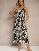 h&s Rochie Negru-Crem din Viscoză cu Croială Cloș cu Imprimeu Floral Thirimi