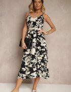 h&s Rochie Negru-Crem din Viscoză cu Croială Cloș cu Imprimeu Floral Thirimi