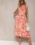 h&s Rochie Portocalie Vâscoză Florală cu elastic în talie și croială evazată Keranea
