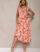 h&s Rochie Portocalie Vâscoză Florală cu elastic în talie și croială evazată Keranea