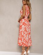 h&s Rochie Portocalie Vâscoză Florală cu elastic în talie și croială evazată Keranea