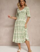 h&s Rochie Verde-Crem Boho Evazată din Viscoză cu Spatele Decupat Tuvria
