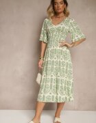 h&s Rochie Verde-Crem Boho Evazată din Viscoză cu Spatele Decupat Tuvria
