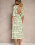 h&s Rochie Verde-Crem Boho Evazată din Viscoză cu Spatele Decupat Tuvria