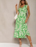 h&s Rochie Verde Viscoză Florală Finisată cu Elastic în Talie cu Croi Evazat Keranea