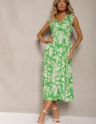 h&s Rochie Verde Viscoză Florală Finisată cu Elastic în Talie cu Croi Evazat Keranea