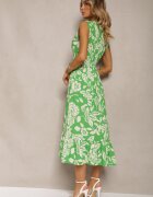 h&s Rochie Verde Viscoză Florală Finisată cu Elastic în Talie cu Croi Evazat Keranea
