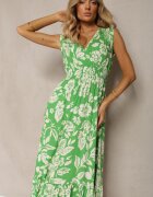 h&s Rochie Verde Viscoză Florală Finisată cu Elastic în Talie cu Croi Evazat Keranea