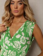 h&s Rochie Verde Viscoză Florală Finisată cu Elastic în Talie cu Croi Evazat Keranea