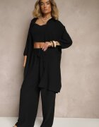 h&s Set Negru Pantaloni cu elastic în talie Top și Cămașă Lungă Arives