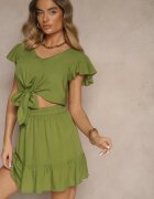 h&s Set Verde din Vâscoză Bluză cu Legătură și Fustă Cloș Redulise