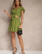 h&s Set Verde din Vâscoză Bluză cu Legătură și Fustă Cloș Redulise