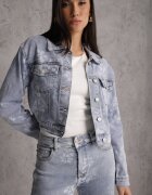 hello miss Jachetă de blugi albastră Cropped din Bumbac și Viscoză cu Imprimeu floral Malwira