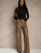 hello miss Pantaloni largi maro deschis High Waist din imitație de piele Curbelo