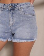 hello miss Pantaloni scurți din denim și bumbac albaștri deschiși franjurați și decorați cu buline Folorisse