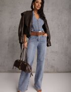 hello miss Salopetă Albastră din Bumbac Denim cu Decolteu Halter și Guler Edaviann