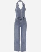 hello miss Salopetă Albastră din Bumbac Denim cu Decolteu Halter și Guler Edaviann