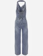 hello miss Salopetă Albastră din Bumbac Denim cu Decolteu Halter și Guler Edaviann