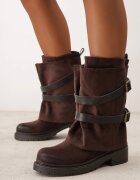 ideal Botine biker cu carâmb stratificat decorate cu două curele și catarame Cressa Maro