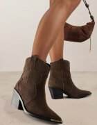 ideal Botine cowboy maro închis din piele cu aplicație metalică pe vârf Saneara