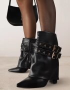 ideal Botine Negre Cowboy cu Toc Gros Decorate cu Catarame și cu Guler Întors Codvire