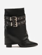 ideal Botine Negre Cowboy cu Toc Gros Decorate cu Catarame și cu Guler Întors Codvire