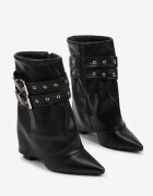 ideal Botine Negre Cowboy cu Toc Gros Decorate cu Catarame și cu Guler Întors Codvire