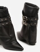 ideal Botine Negre Cowboy cu Toc Gros Decorate cu Catarame și cu Guler Întors Codvire