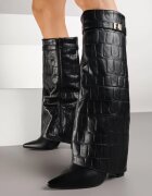 ideal Cizme Negre cu toc gros decorate cu cataramă și cu carâmb răsfrânt cu ștanțare Latelia