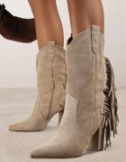 ideal Ghete Cowboy Bej închis cu toc gros decorate cu franjuri Reikka
