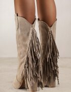ideal Ghete Cowboy Bej închis cu toc gros decorate cu franjuri Reikka