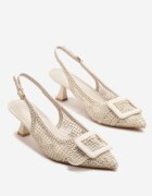 ideal Sandale Bej cu toc mic tip slingback decorate cu împletitură și cataramă Elivrella