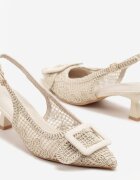 ideal Sandale Bej cu toc mic tip slingback decorate cu împletitură și cataramă Elivrella