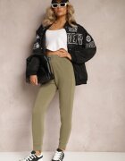 ideal Zielone Spodnie Dresowe High Waist z Kieszeniami i Ściągaczami Falira