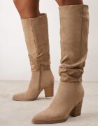 inia Cizme din eco-suede cu toc gros și carâmb decorativ încrețit Reaelora Bej