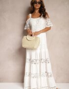italy moda Rochie Albă de Dantelă din vâscoză cu croială evazată cu bretele Leris