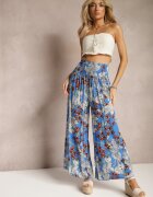 j.stars Pantaloni Albaștri din Viscoză cu elastic în talie și picioare largi cu flori Selinia