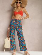j.stars Pantaloni Albastru-Portocalii din Viscoză cu Croială Dreaptă Talie Înaltă cu Imprimeu Floral Zaranima