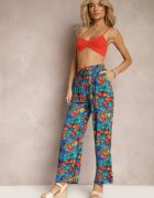 j.stars Pantaloni Albastru-Portocalii din Viscoză cu Croială Dreaptă Talie Înaltă cu Imprimeu Floral Zaranima