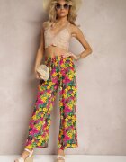 j.stars Pantaloni Galben-Roz din viscoză cu picior drept talie înaltă și model floral Zaranima