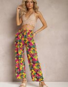 j.stars Pantaloni Galben-Roz din viscoză cu picior drept talie înaltă și model floral Zaranima