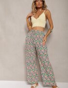 j.stars Pantaloni Verde-Roz din Viscoză Talie Înaltă Largi cu Elastic în Talie și Buzunare Aizha