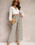 j.stars Pantaloni Verde-Roz din Viscoză Talie Înaltă Largi cu Elastic în Talie și Buzunare Aizha
